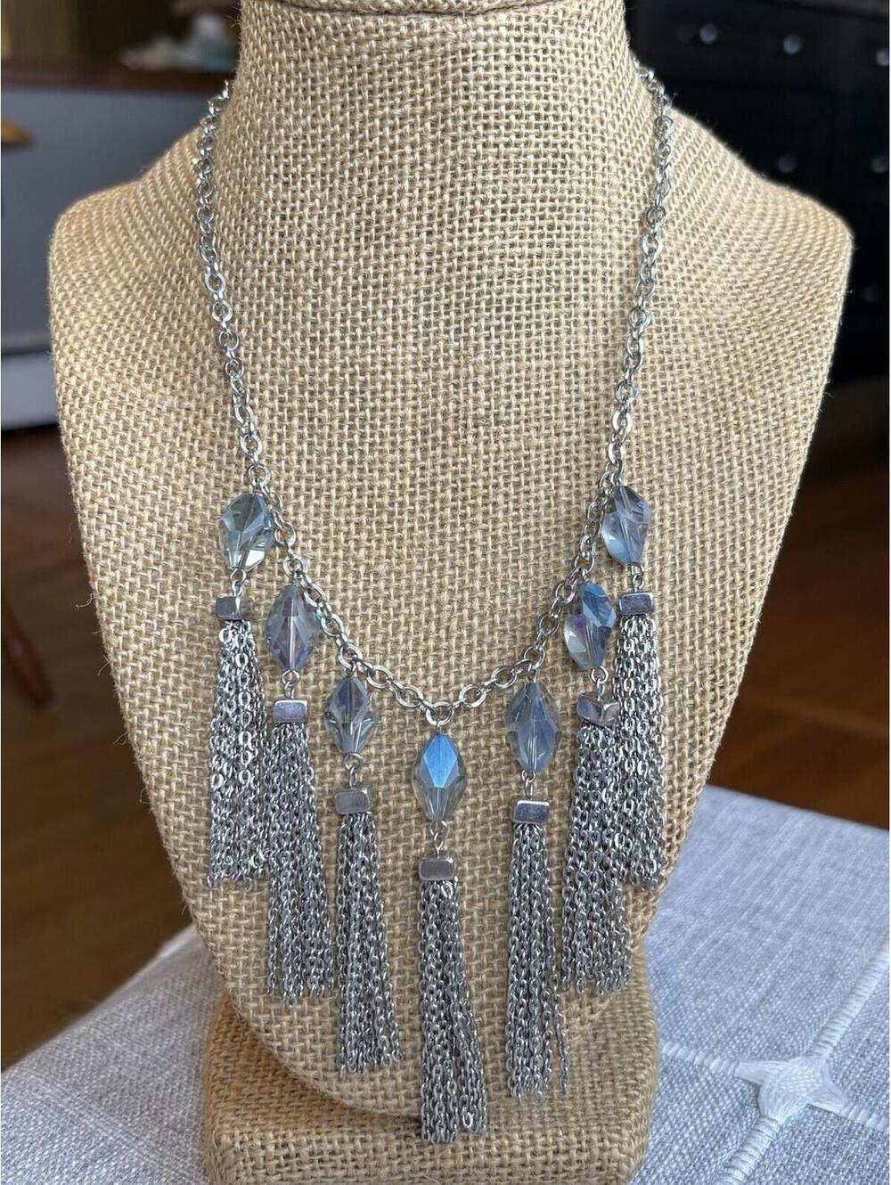 Charming Charlie Silver Tone Tassel Necklace AB Crystal Bead Fringe Statement